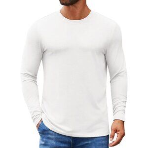 COOFANDY Men A-white Crew Neck T-Shirt Long Sleeve Pullover Tees Soft Stretch